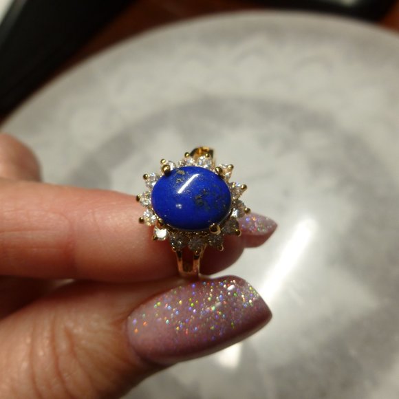 18K EP Gold Lapis Lazuli Cubic Zirconia Ring Size 8 - Picture 2 of 14